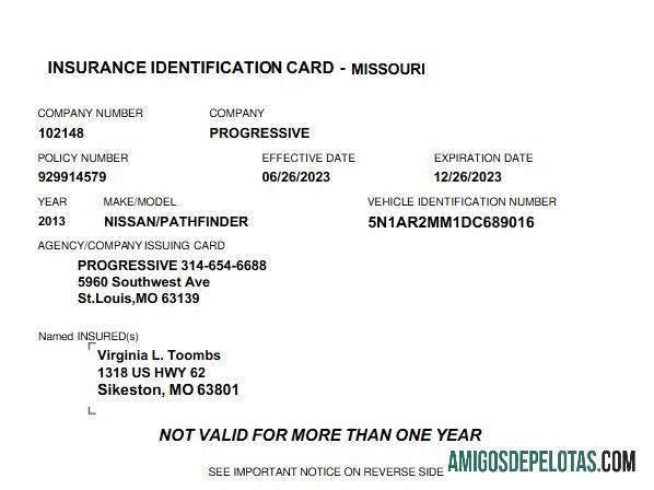 Cartão de identificação de seguro do Missouri nos EUA amostra